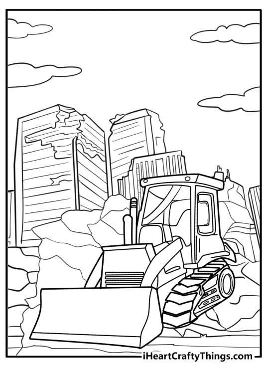 Bulldozer at a demolition site coloring sheet