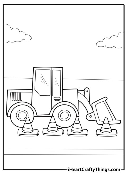 Bulldozer beside traffic cones on site coloring sheet