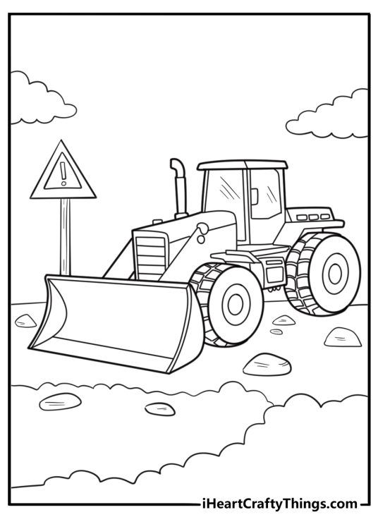 Bulldozer driving past warning signs printable coloring sheet
