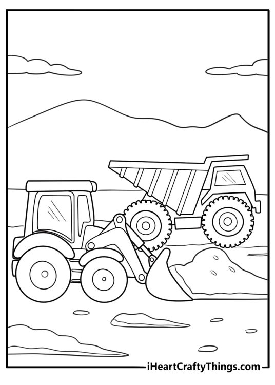 Bulldozer next to a dump truck coloring sheet