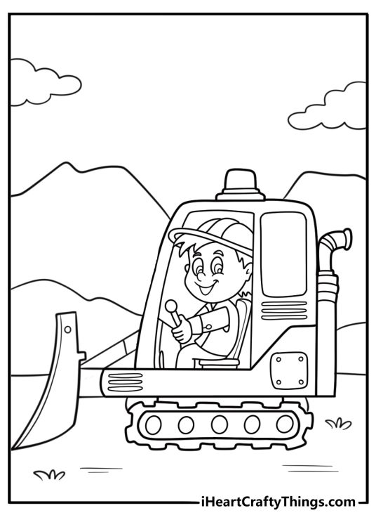 Bulldozer operator in the driver seat coloring sheet