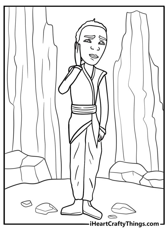 Callan standing near ancient ruins with hidden runes coloring page