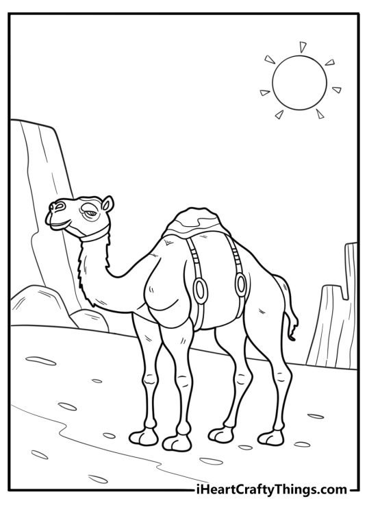 Camel in the heat under the sun desert survival coloring page