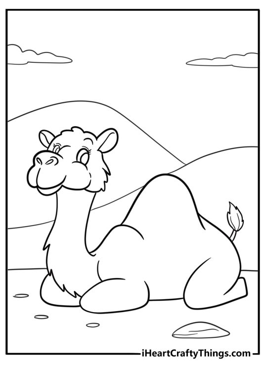 Camel lying down with folded legs peaceful desert scene coloring sheet