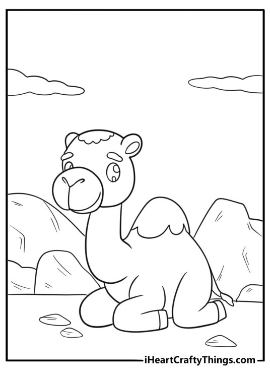 Camel resting near rocks simple background coloring sheet