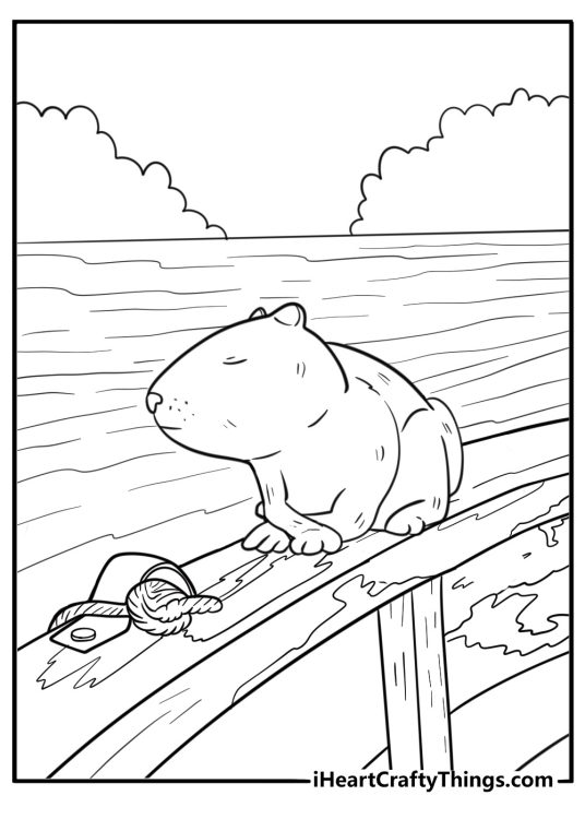 Capybara resting on a flow boat surrounded by water