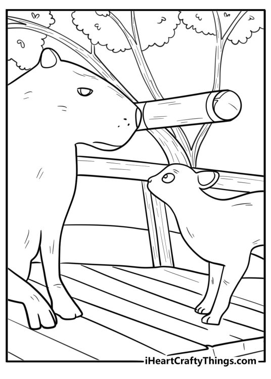 Capybara steering the flow boat past tree branches