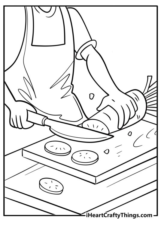 Carrot on a cutting board with knife printable coloring sheet
