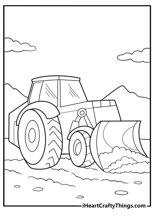 Cartoon bulldozer moving soil printable coloring sheet