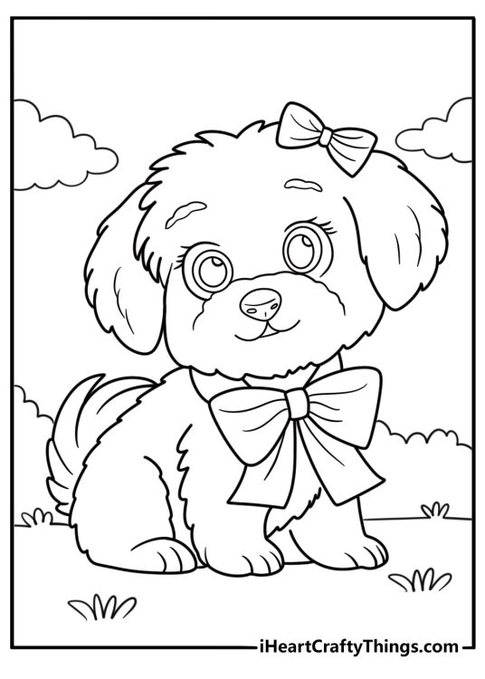 Cartoon poodle wearing a bow on its head coloring page