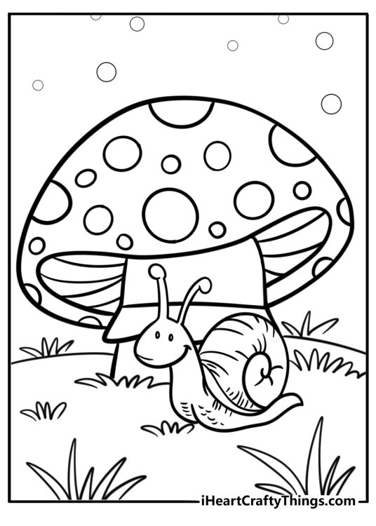 Cartoon snail under a mushroom detailed coloring sheet