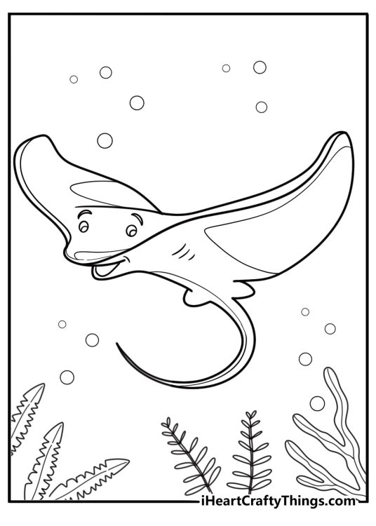Cartoon stingray with ocean plants free coloring page pdf