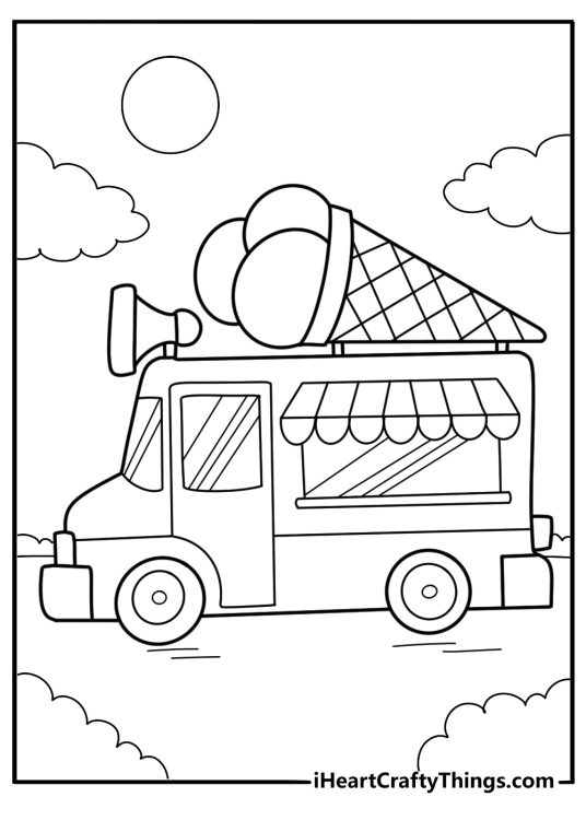 Cartoon style ice cream truck with giant cone on top coloring page