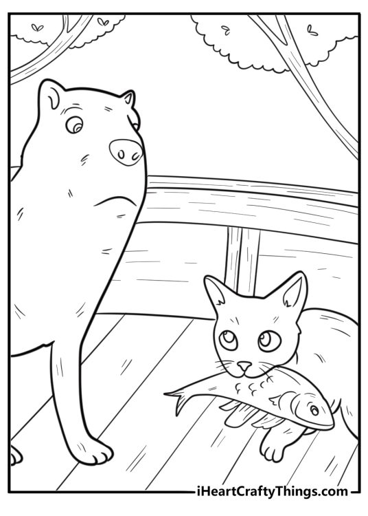 Cat learning to fish beside the capybara in flow