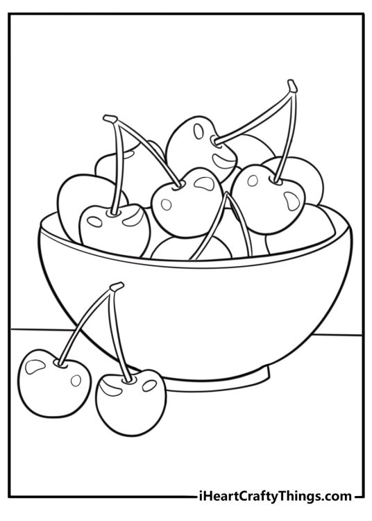 Cherries in a bowl free printable coloring page