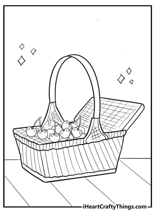 Cherries inside a picnic basket fun summer coloring sheet