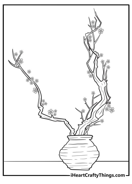 Cherry blossom branch in a vase printable coloring page