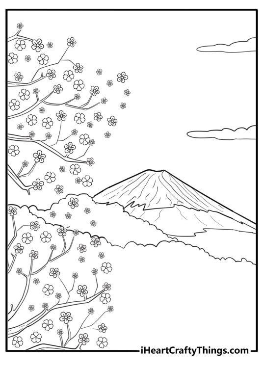 Cherry blossom tree with mountains in background coloring sheet
