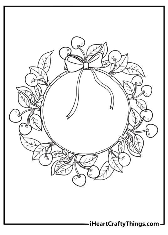 Cherry blossom wreath with ribbons detailed coloring sheet