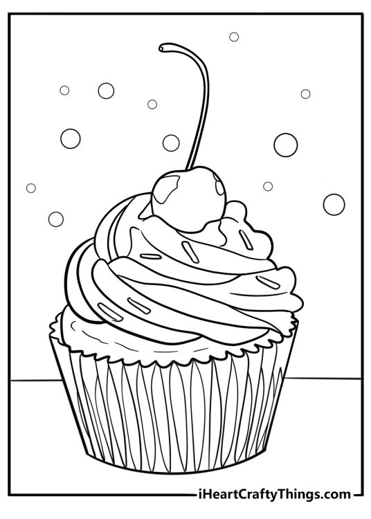 Cherry themed cupcake with frosting detailed coloring sheet