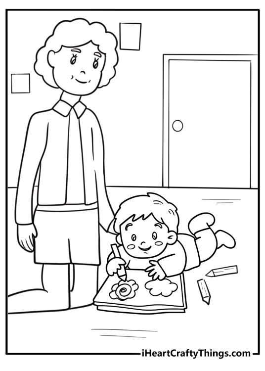 Child drawing picture for grandparents detailed coloring sheet