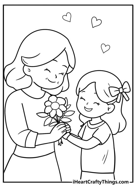 Child giving flowers to grandma coloring page