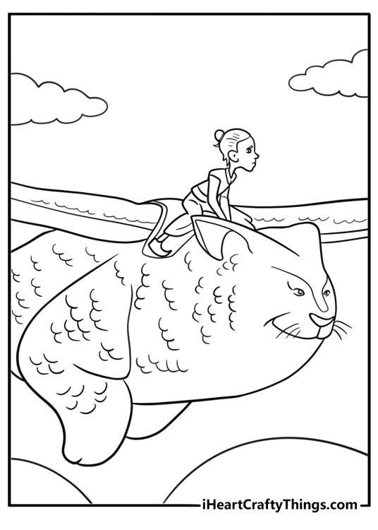 Chilo riding a magical creature across a stormy sky coloring page