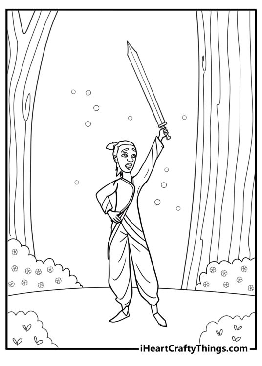 Chilo with his sword raisedin the enchanted forest coloring page