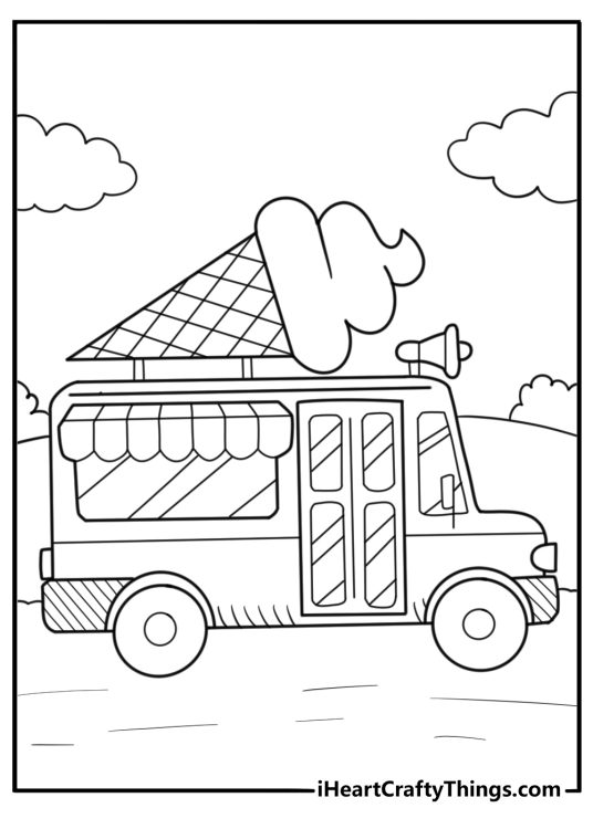 Classic ice cream truck with music speakers coloring sheet