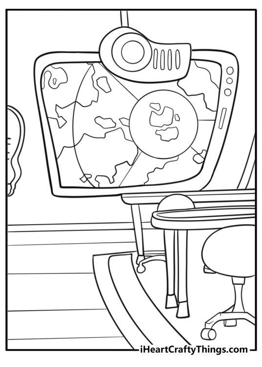 Control room with large map and blinking lights coloring page