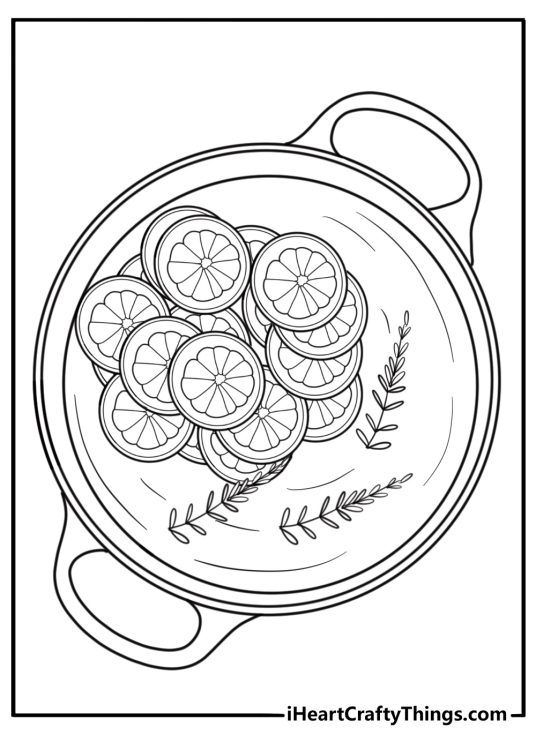 Cooking pot with lemon slices and herbs coloring page