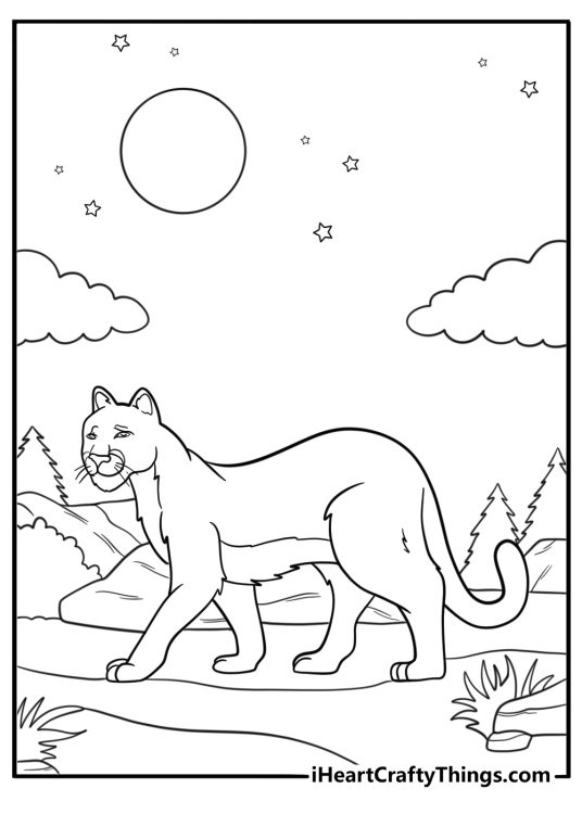 Cougar walking at night under the moon coloring page