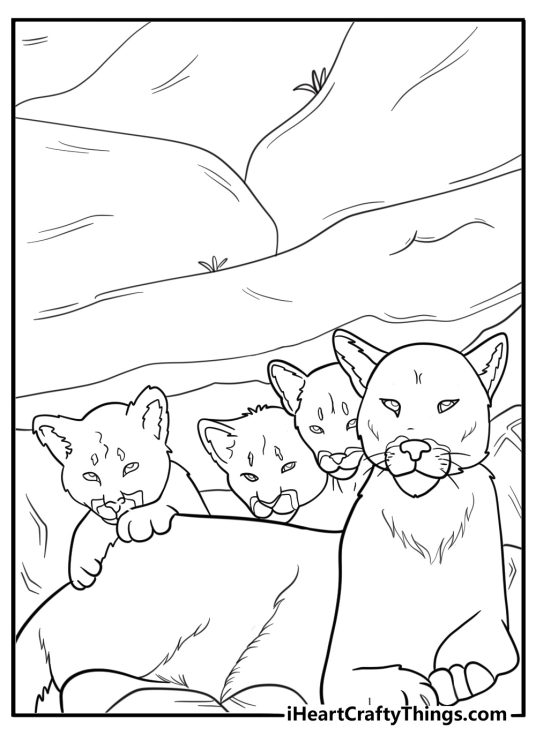 Cougar with cubs in a den coloring page