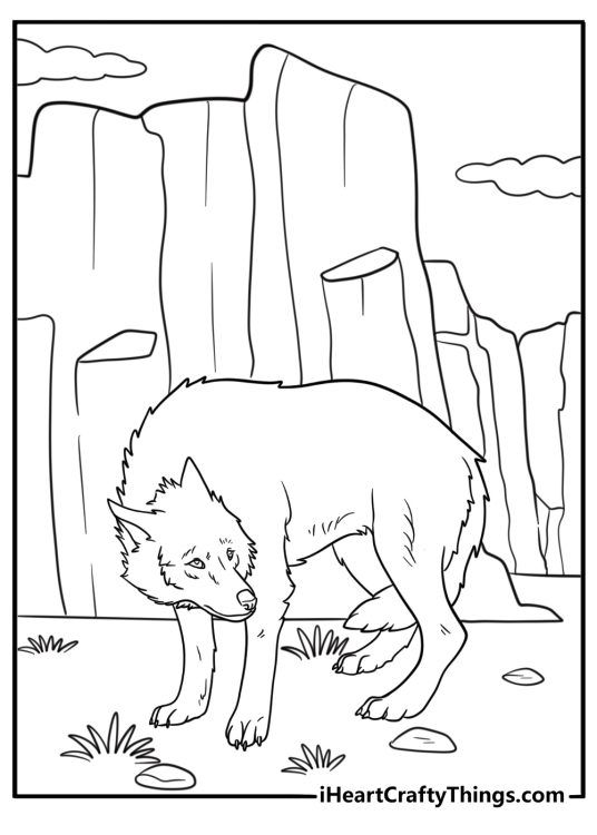 Coyote among scattered rocks in the desert coloring sheet