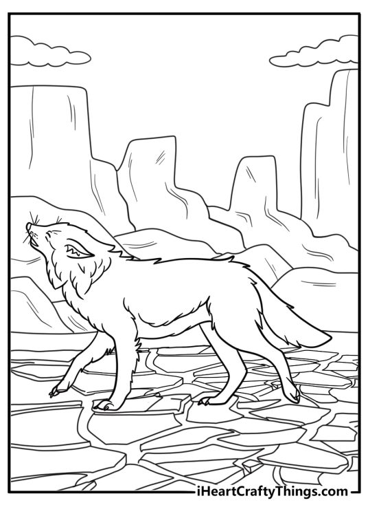 Coyote crossing a dry riverbed free coloring sheet