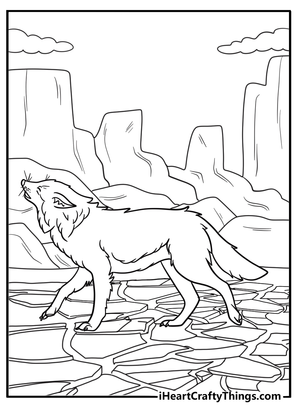 coyote crossing a dry riverbed free coloring sheet