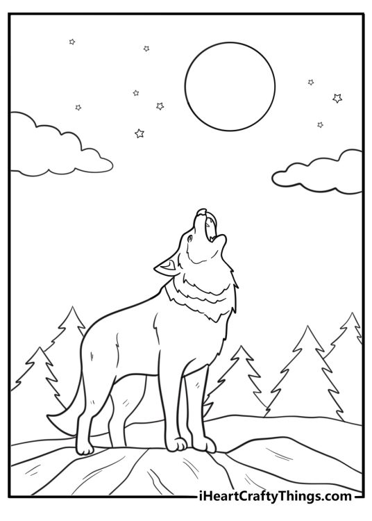 Coyote howling at the moon simple coloring sheet