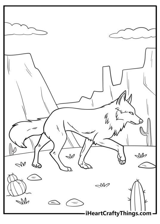 Coyote mid step across rocky terrain coloring page