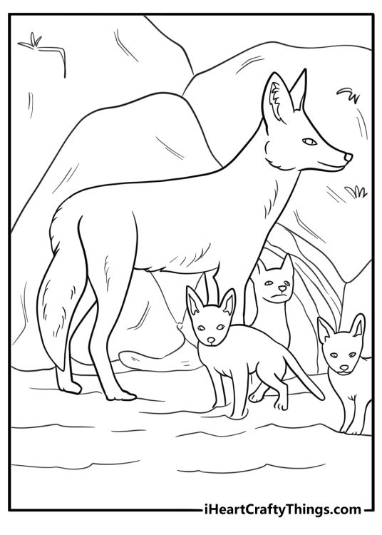 Coyote near a burrow or den entrance coloring page