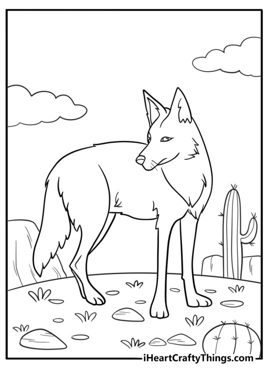 Coyote surrounded by desert plants free coloring page pdf