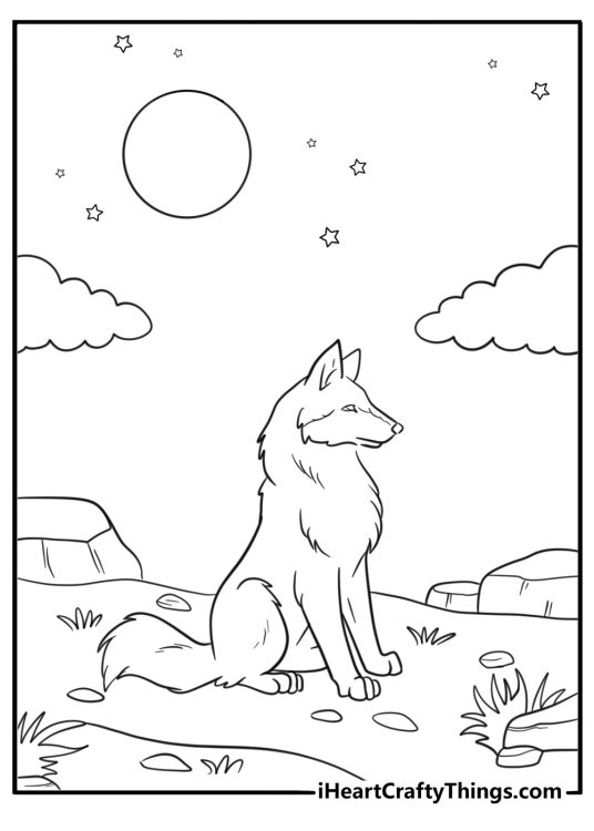 Coyote under a starry sky free printable pdf coloring page