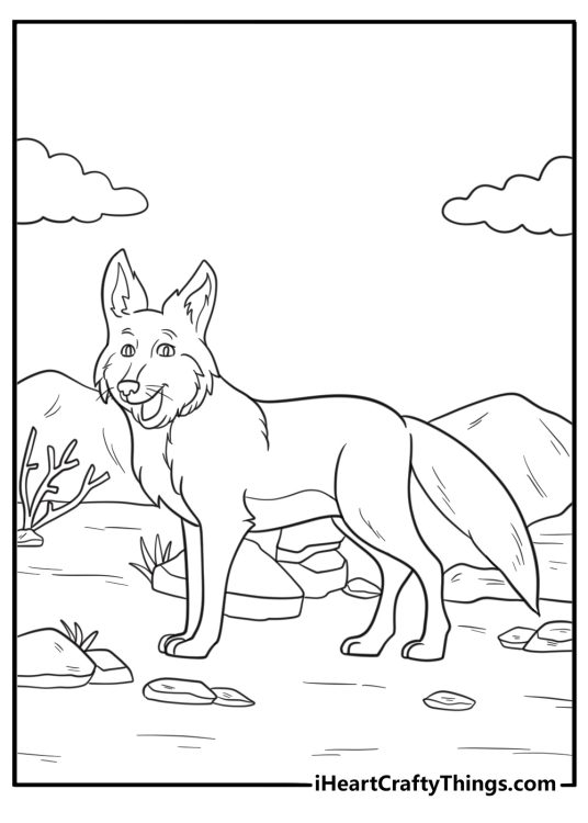 Coyote walking along a trail free desert scene coloring page
