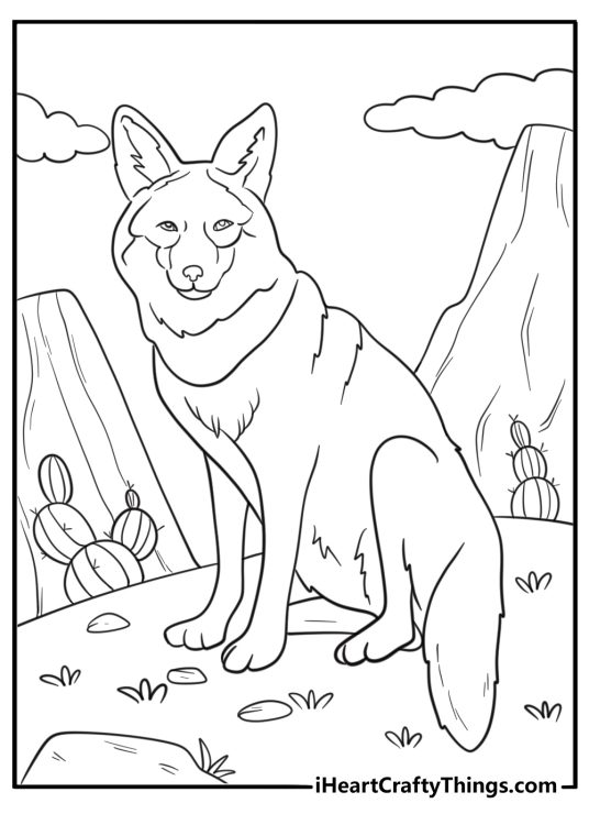 Coyote walking near cactus in the desert free coloring page