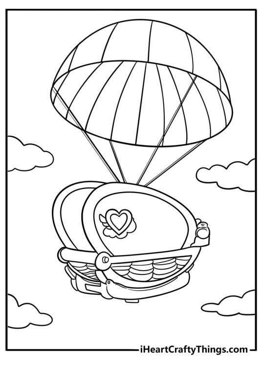 Crate door swinging open with gentle parachute landing coloring page