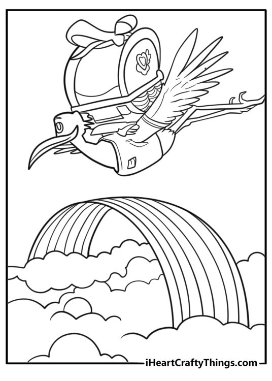 Delivery plane flying over rainbow and clouds coloring page