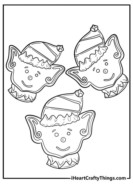 Elf-shaped cookie with pointy hat detailed coloring sheet