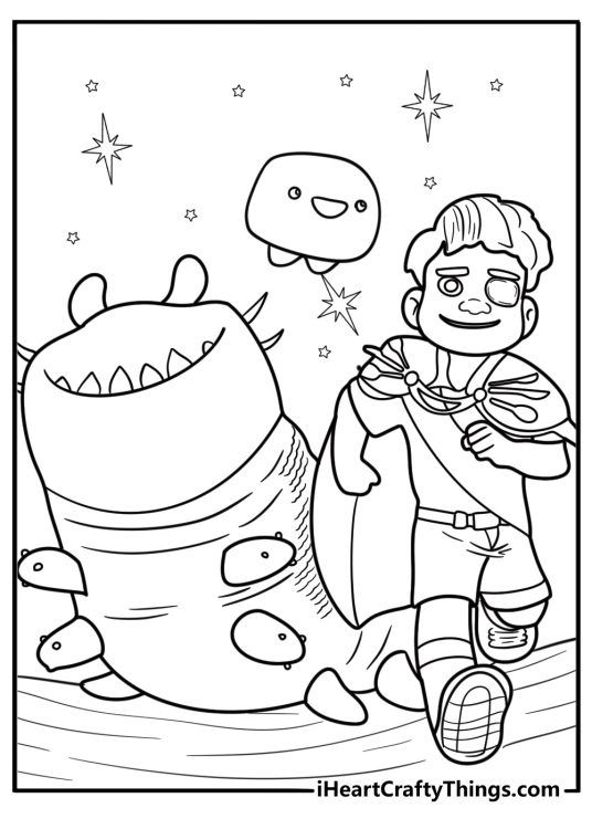 Elio and Glordon escaping in a small alien shuttle printable coloring page