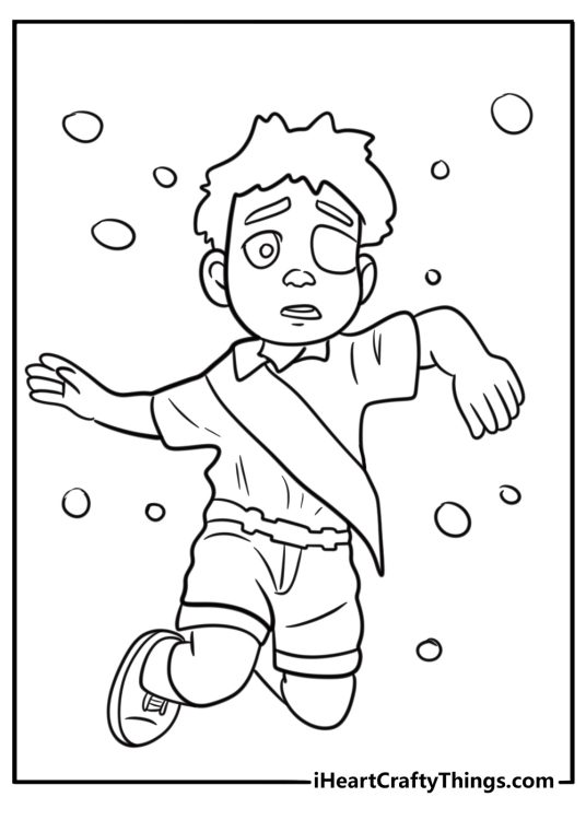 Elio floating inside the alien ship with glowing lights coloring sheet
