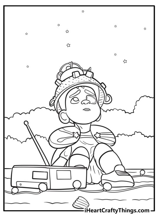 Elio sitting alone on the beach waiting for aliens coloring sheet