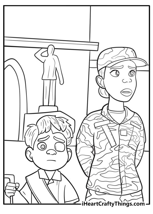 Elio sneaking into the military base with Olga printable coloring page
